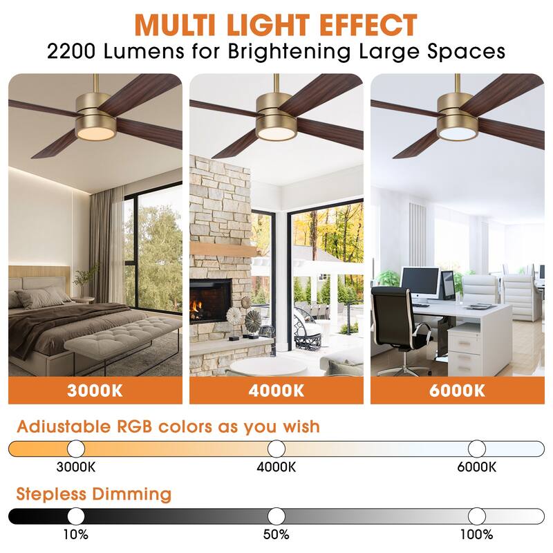 52" Modern Gold Integrated LED Dimmable Reversible Smart Ceiling Fan with RGB Light, Remote and APP Control