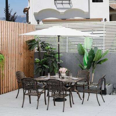Outsunny 7-Piece Patio Dining Set Cast Aluminium Outdoor Furniture Set 6 Armchairs & Table with Umbrella Hole, Bronze