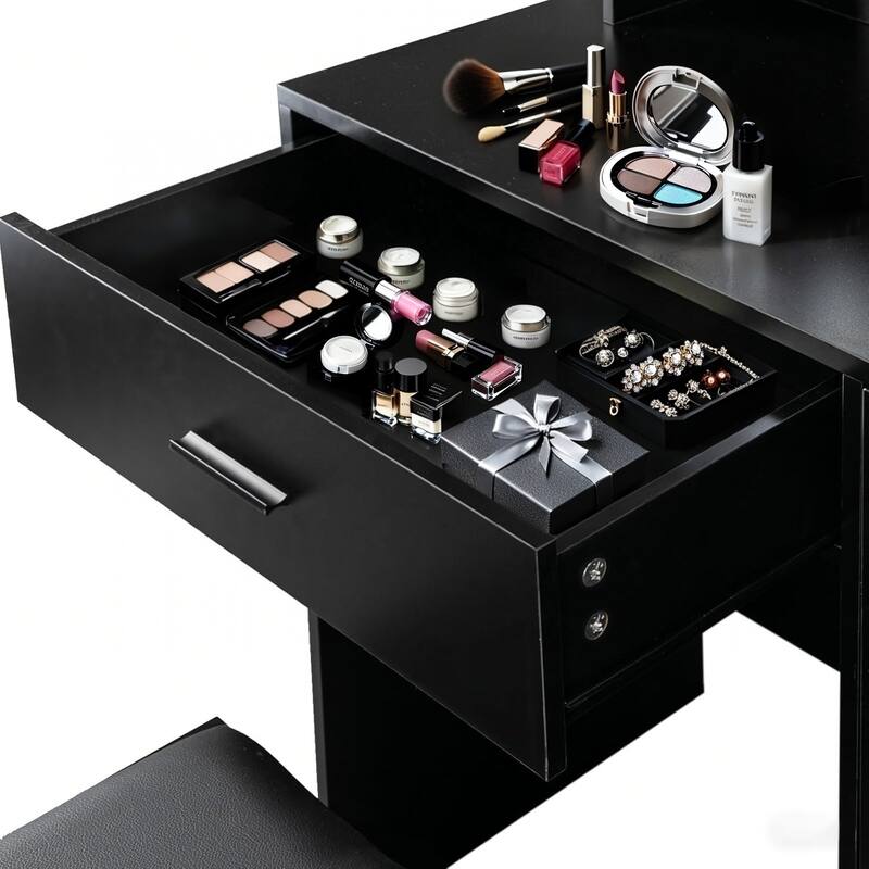 Vanity Desk with Mirror and Lights,with Drawer & Storage Cabinet,3 Adjustable Lighting Colors,with Open Shelves