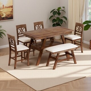 6-Piece Rustic Wood Counter Height Dining Set with Storage Shelf, Bench ...