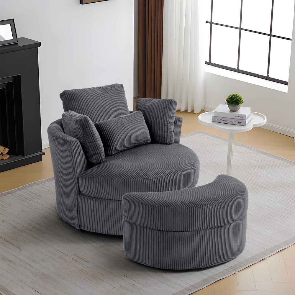 Modern Corduroy Swivel Chair with Ottoman
