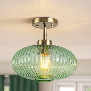 1-Light Vintage Brass Glass Semi-Flush Mount Ceiling Light For Kitchen Island