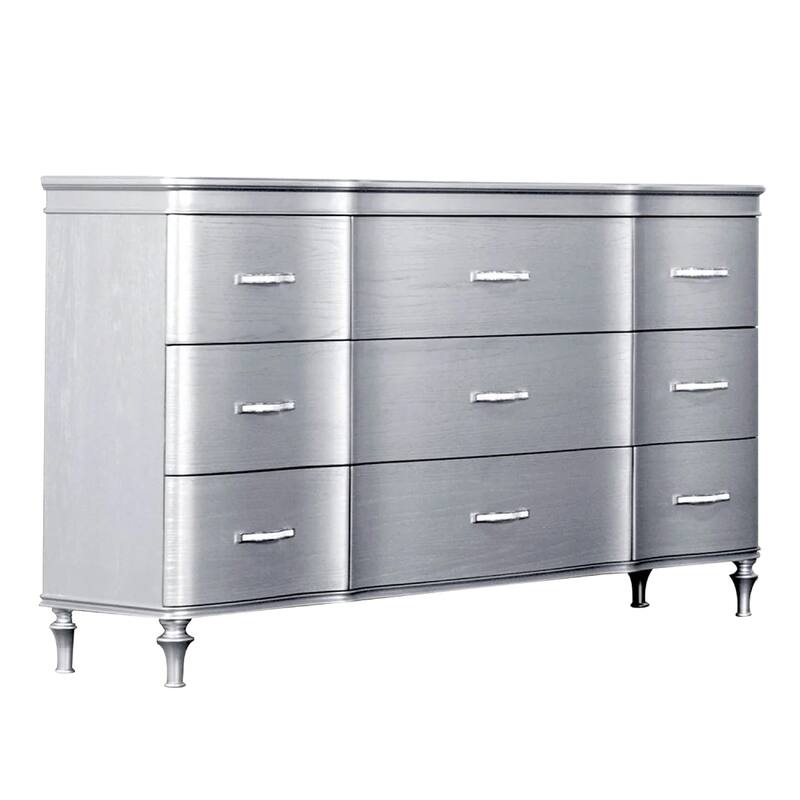 Eleena 6 Drawer Wide Dresser, Silver Solid Wood Frame, Acrylic Handles