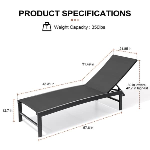 dimension image slide 4 of 8, Outdoor All-Weather Patio Chaise Lounge Chairs Sun Lounger with Adjustable Backrest