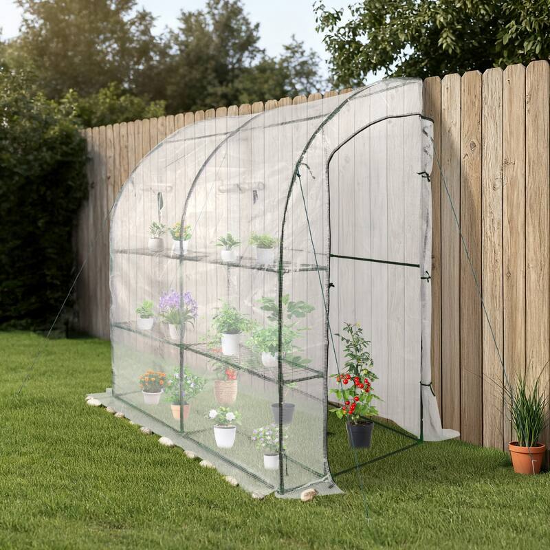 Aoodor 7x3x7 FT Portable Walk-in Greenhouse with Shelves, Steel Frame with PE Cover, Anchor and Ropes - 7x3x7ft - White