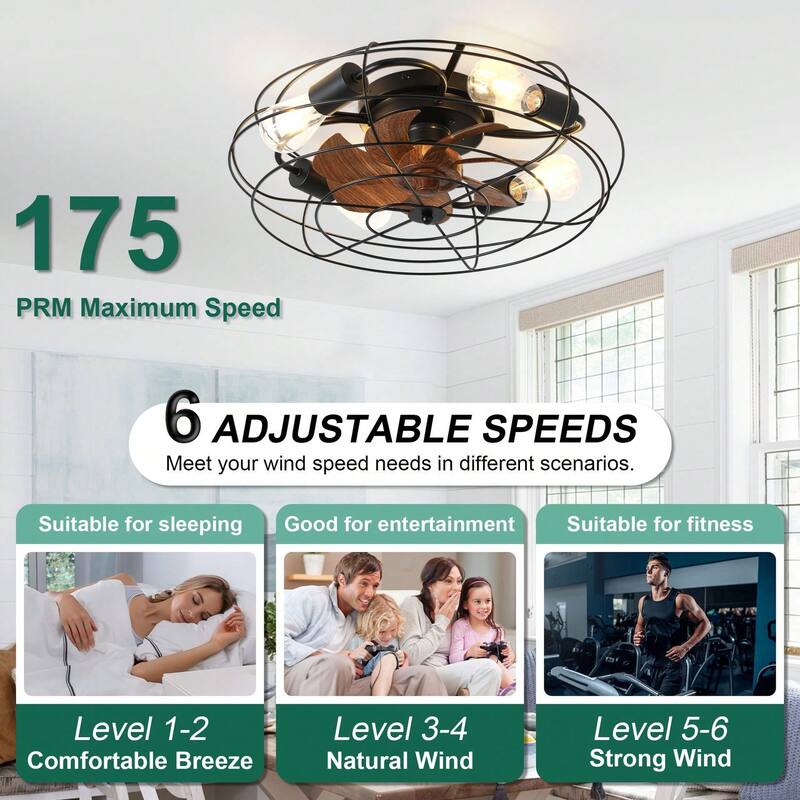 Cusp Barn 20'' Farmhouse Caged Ceiling Fan with Light, Modern Enclosed Low Profile Flush Mount Reversible Fandelier Ceiling Fan
