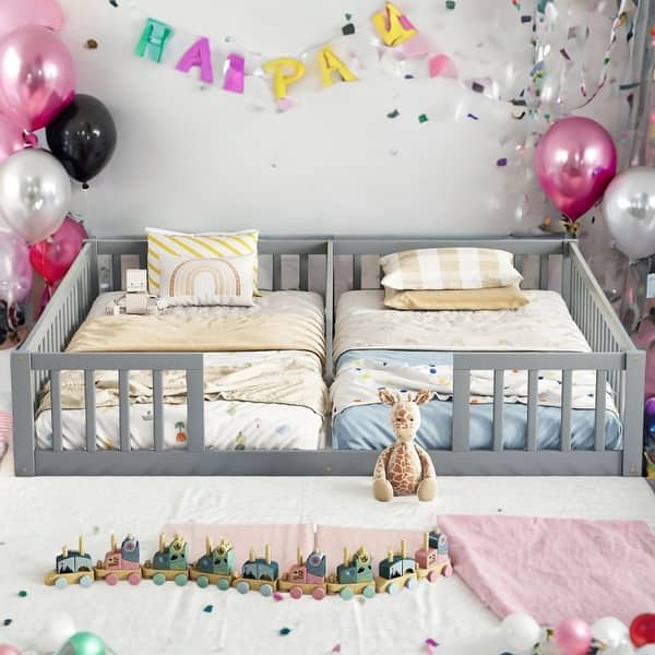 slide 2 of 33, Two Twin Floor Bed with Fence,Guardrails,Kids Bed Design Grey