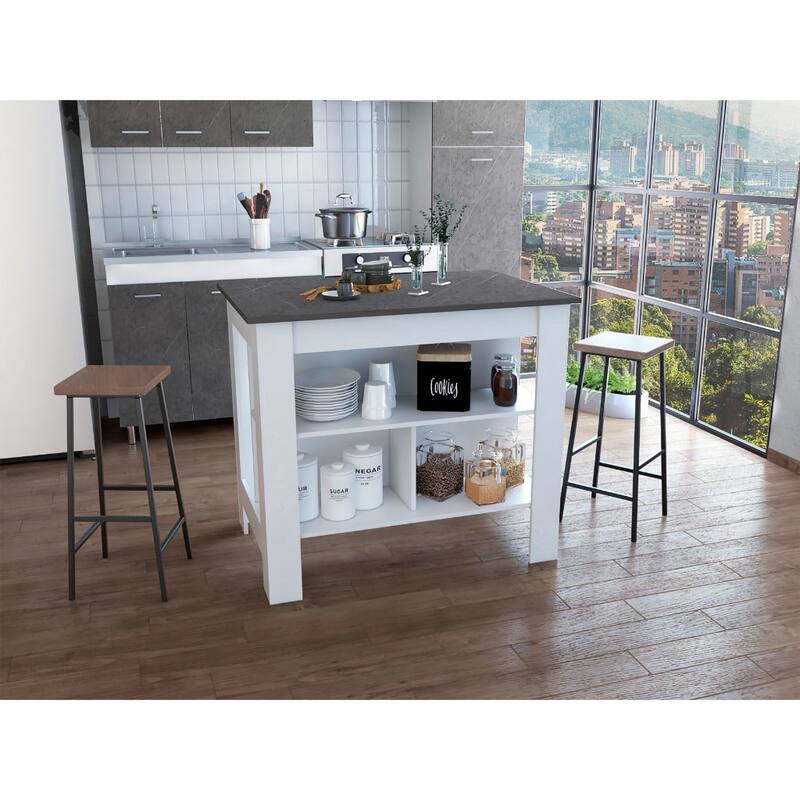 Kitchen Island, kitchen table 35" H, Four Legs, Three Open Storage Shelves - Multi