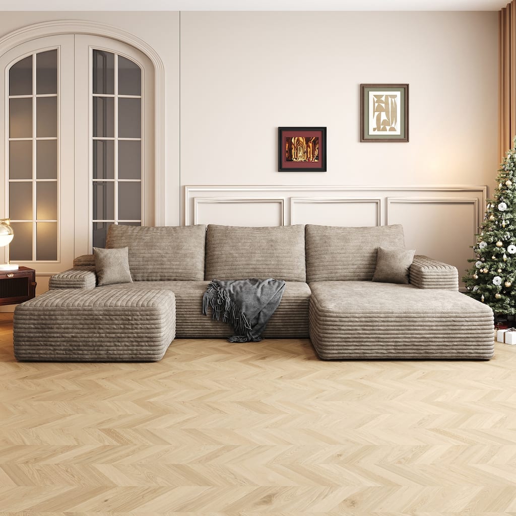 Sofa 107-in Casual Camel 3 -seater Right Reclining Sectional with 1 Ottoman - 8' x 10'