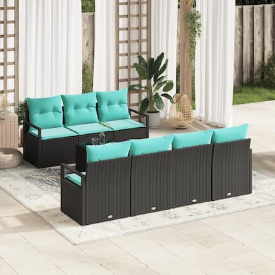 vidaXL 8 Garden Sofa Set with Cushions Black Poly Rattan - 90.6 x 24.4 x 27.2