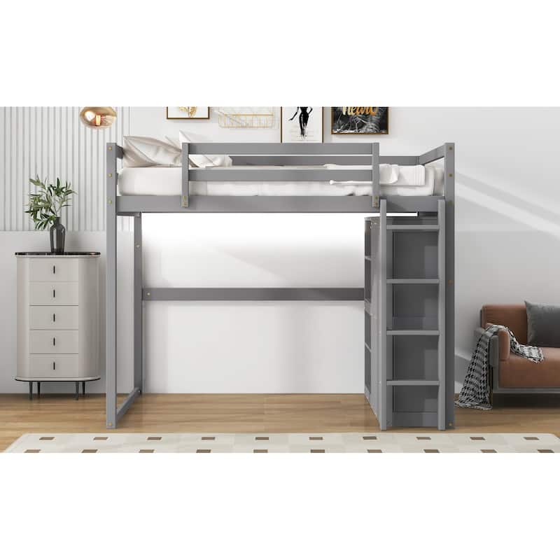 Full Size Loft Bed with Built-in Wardrobe, Storage Shelves & LED Lighting, Space-Saving Gray Wood Design