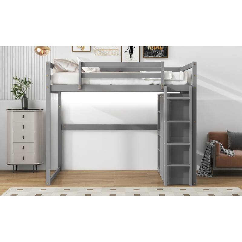Modern Full Size Loft Bed with Built-in Wardrobe and Storage Shelves