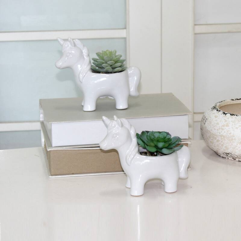 Artificial Plant in CERAMIC UNICORN Pot, Set of 2 - ONE-SIZE