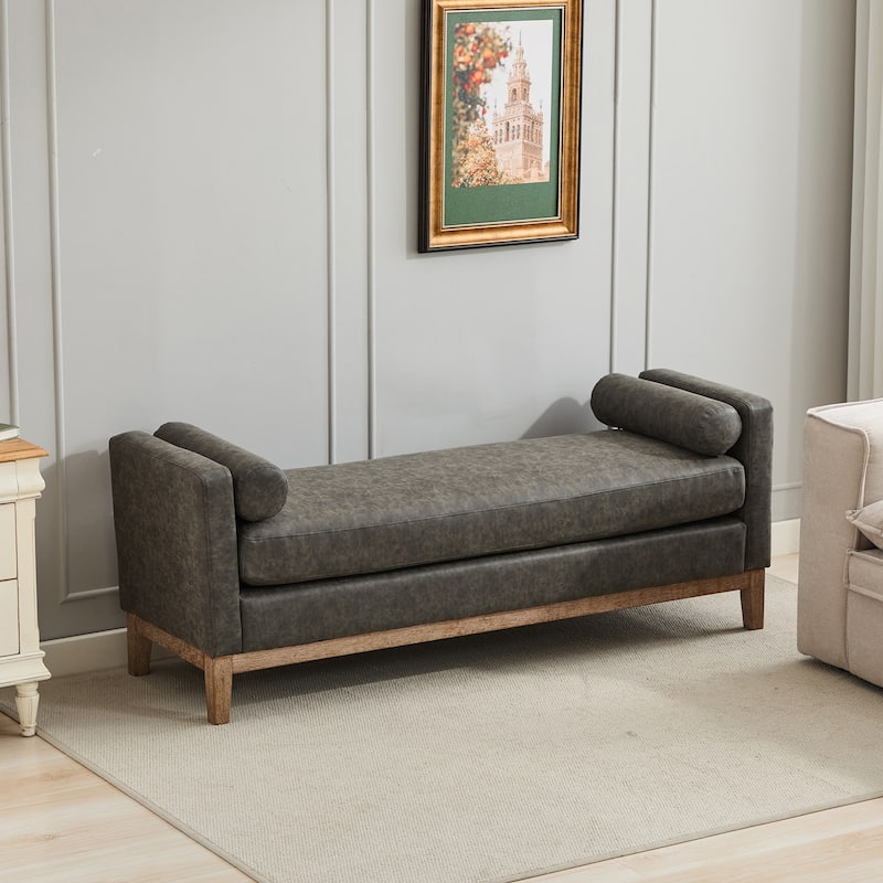 66.34"W Upholstered Bench, End of Bed Bench Ottoman with Wood Legs & 2 Bolster Pillows for Bedroom, Entryway