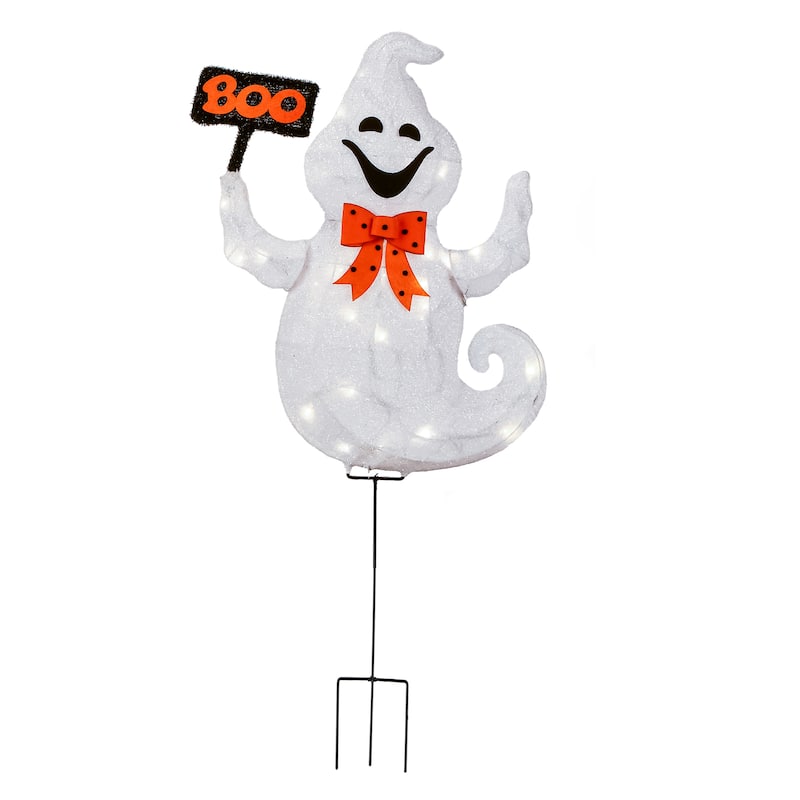 National Tree Company Halloween Pre Lit Lawn Decoration, White, Boo Ghost, LED Lights, Battery Operated, 31 Inches