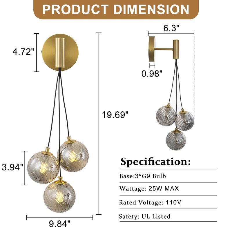 3-Light Modern Gold Metal Wall Sconce Glass Globe Shades