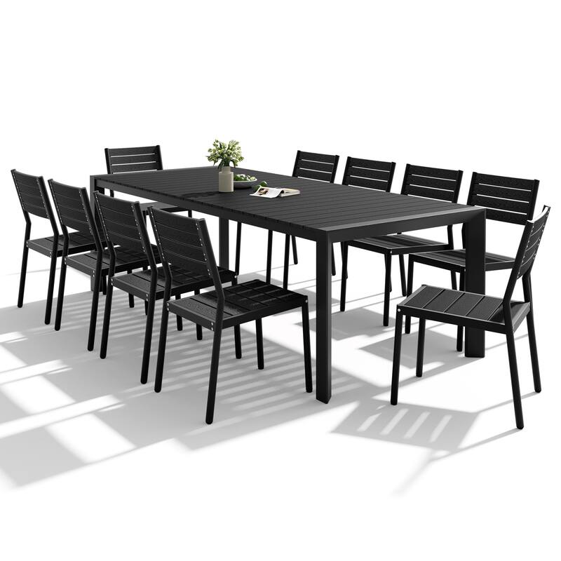 Set of 11 Outdoor Patio Dining Set WoodLike Table Top Aluminum Rectangular Umbrella Hole Table with Stackable Chairs