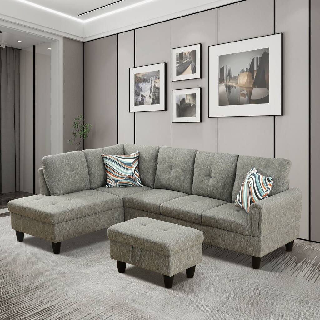 Modern Linen L-Shaped Left-Facing Sectional Couch Sofa Set with Chaise and Ottoman and Wood Frame