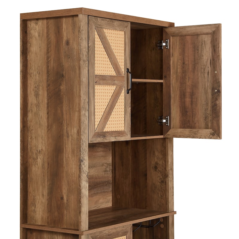 76 Inch Home Bar Cabinet, Coffee Bar Cabinet with Shelves,Faux Rattan Wine Cabinet