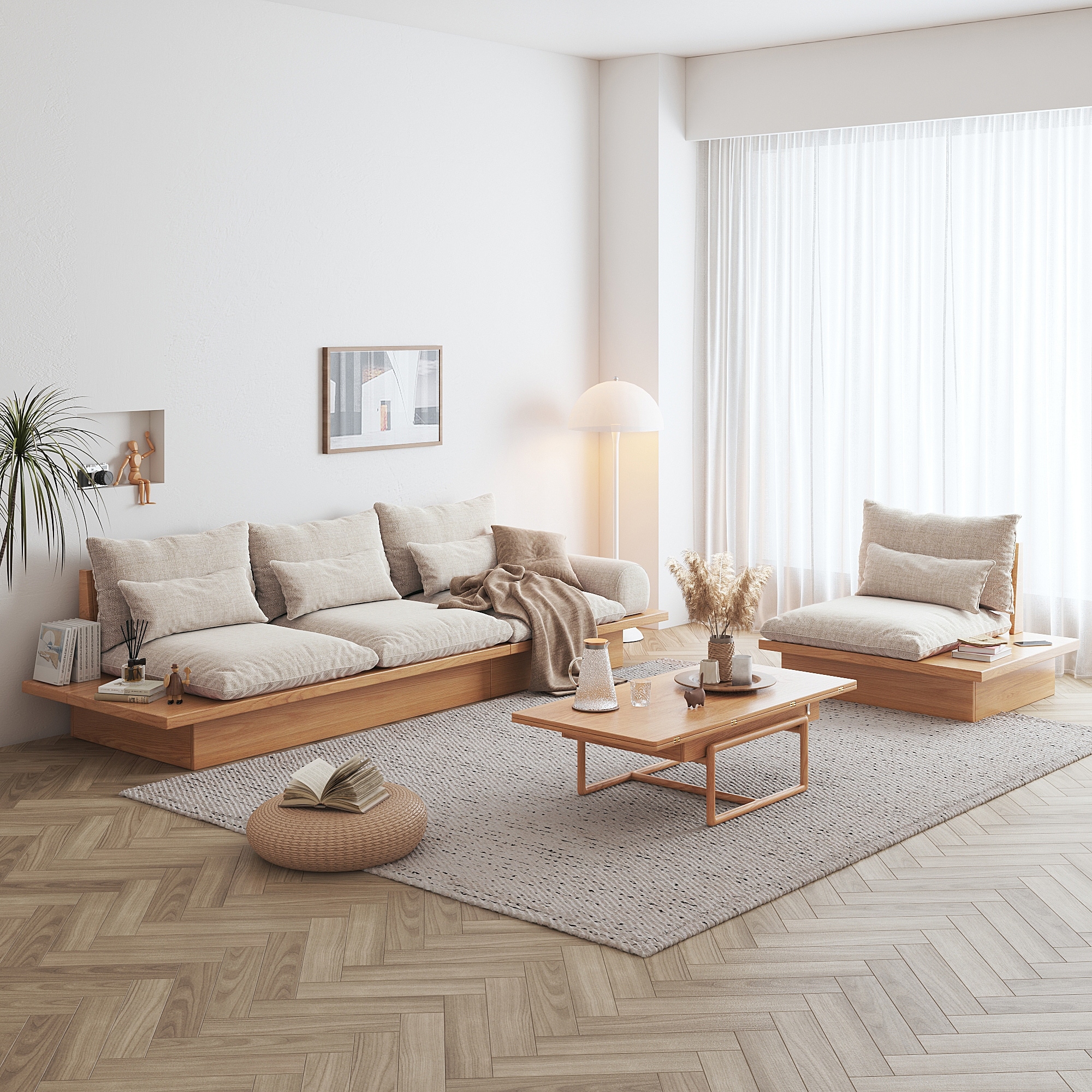 JASIWAY Beige Cotton Sofa with Wood Frame