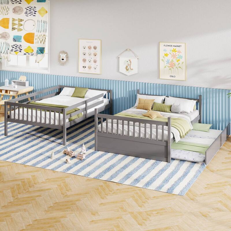 Costway Full over Full Bunk Bed Platform Wood Bed with Trundle &
