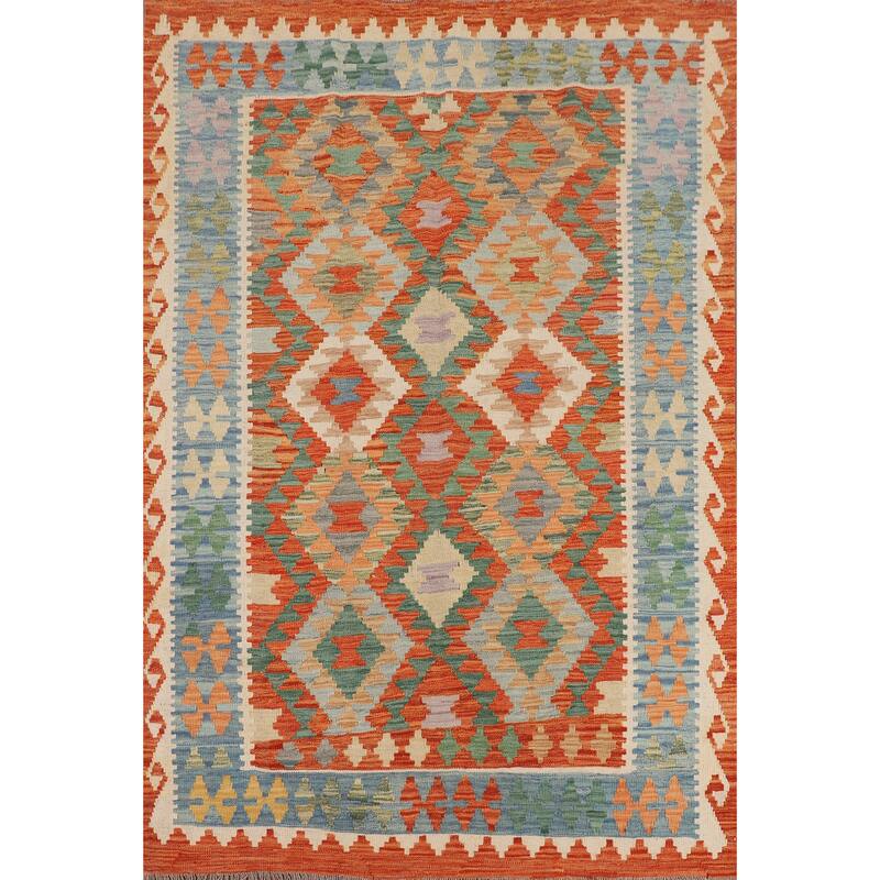 Geometric Kilim Oriental Area Rug Flatweave Wool Carpet - 4'11"x 6'7"