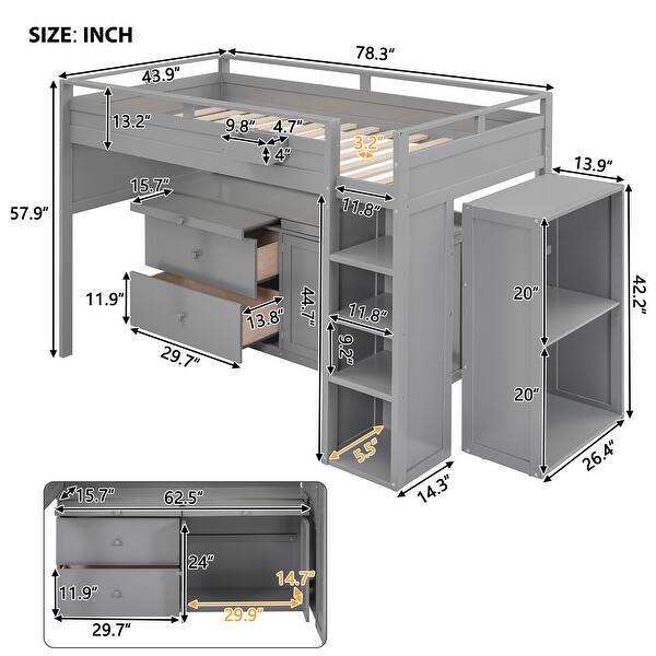 Wood Gray Twin High Loftbed Frame with Super Storage Space