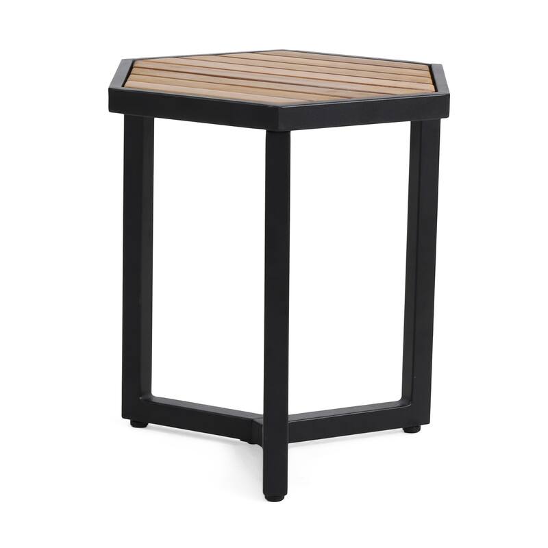 Roomfitters Outdoor Accent Side Table with Durable Metal Base and Teak-Style Surface, Beige