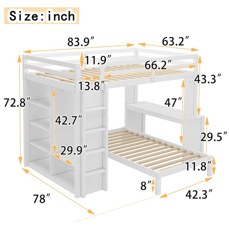 Queen Loft Bed with Detachable Lower Bed, Desk, Shelves, and Wardrobe, Solid Wood Frame, White