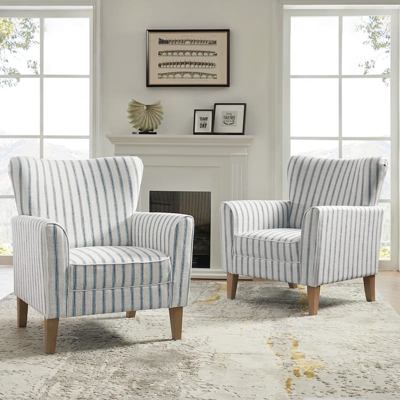 Warren Farmhouse Striped Wingback Chair with Solid Wood Legs Set of 2 by HULALA HOME