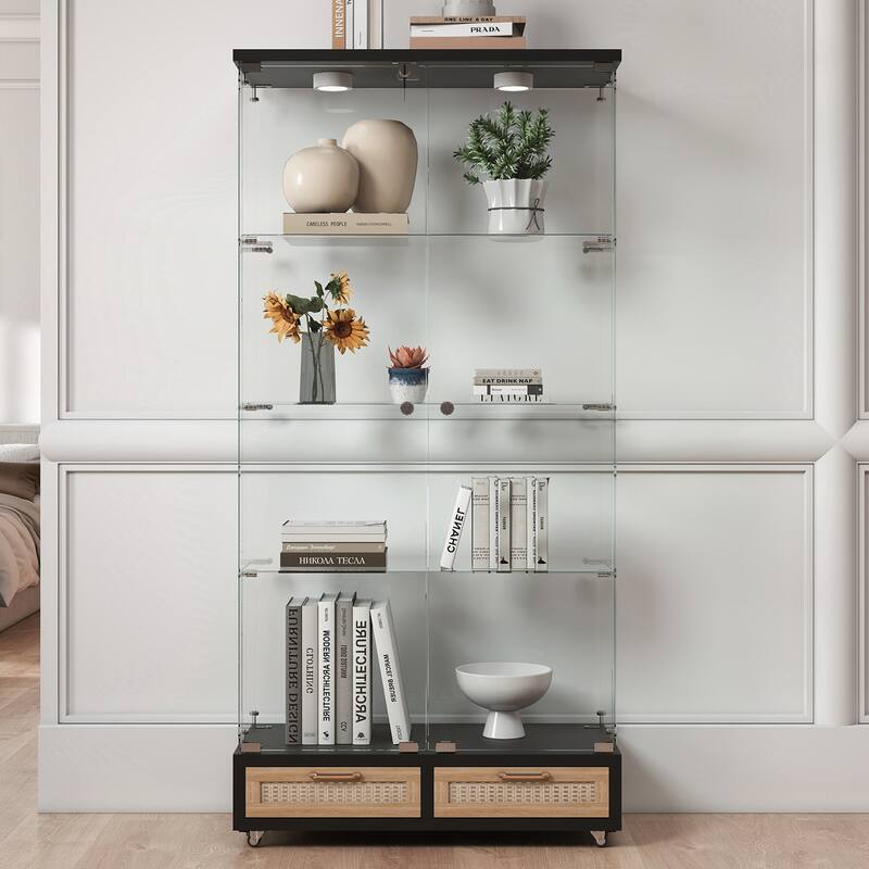 Modern Glass Display Cabinet with Large Drawer for Living Room and Bedroom