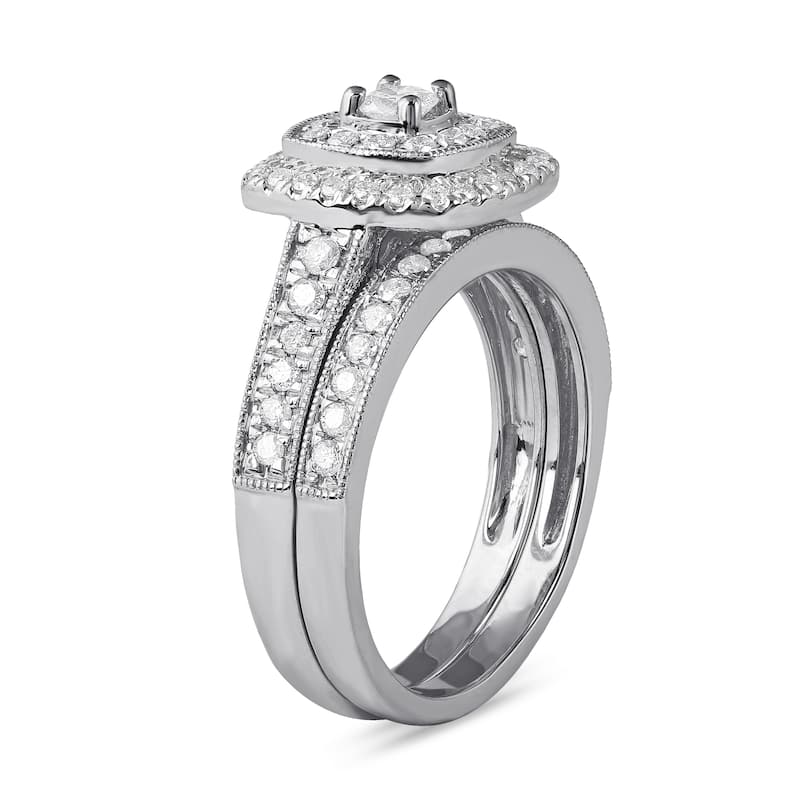 3/4ct TDW Diamond Double Halo Bridal Set in 14K White Gold for Women