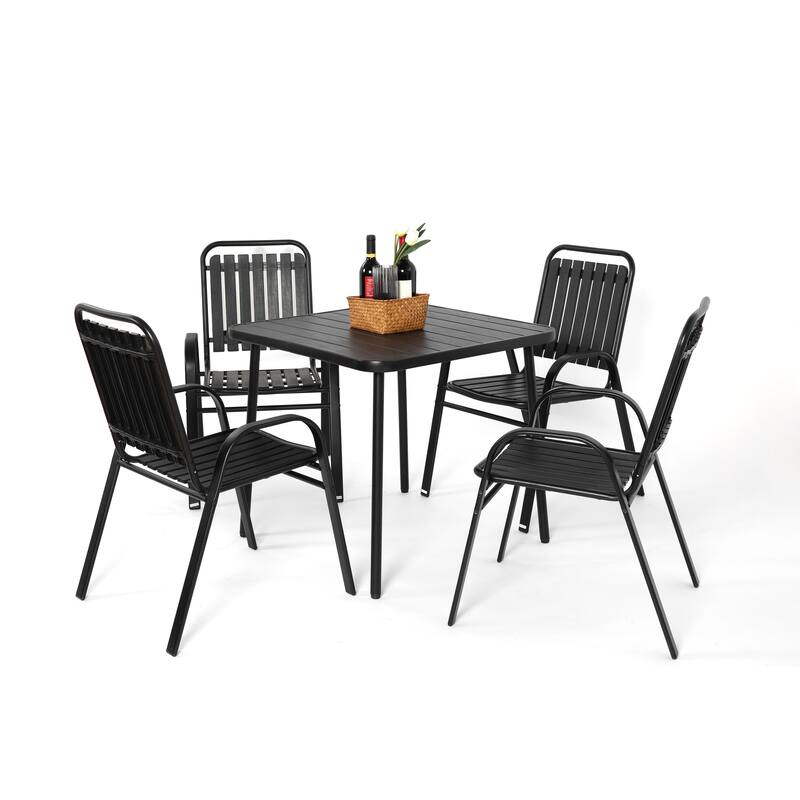 5-Piece Outdoor Casual Dining Table Set with 4 Plastic Chairs Patio Square Coffee Table Poolside Picnic Beer Table - Black
