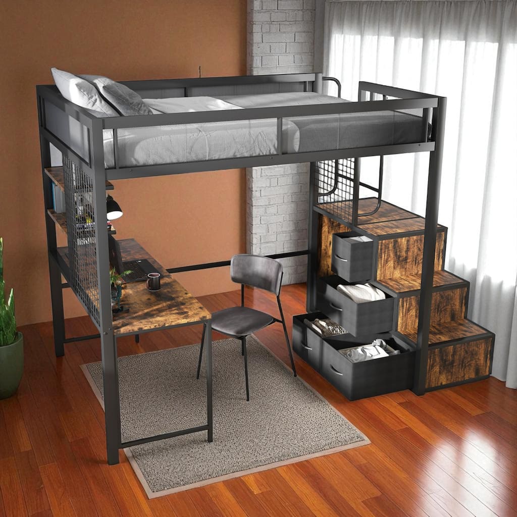 Full Size Metal Loft Bed with Desk, 4 Drawers, USB Outlets, Stair Storage, Industrial Frame for Teens & Adults
