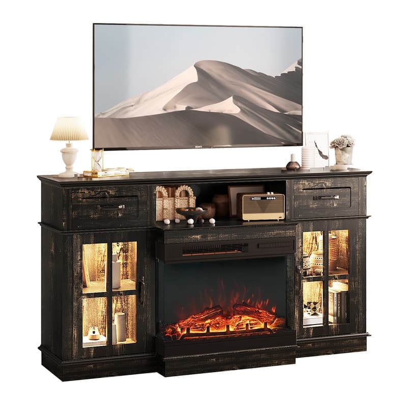 Farmhouse 58'' TV Stand For Tvs Up To 70'' With Electric Fireplace and Adjustable Shelves with Glass Door
