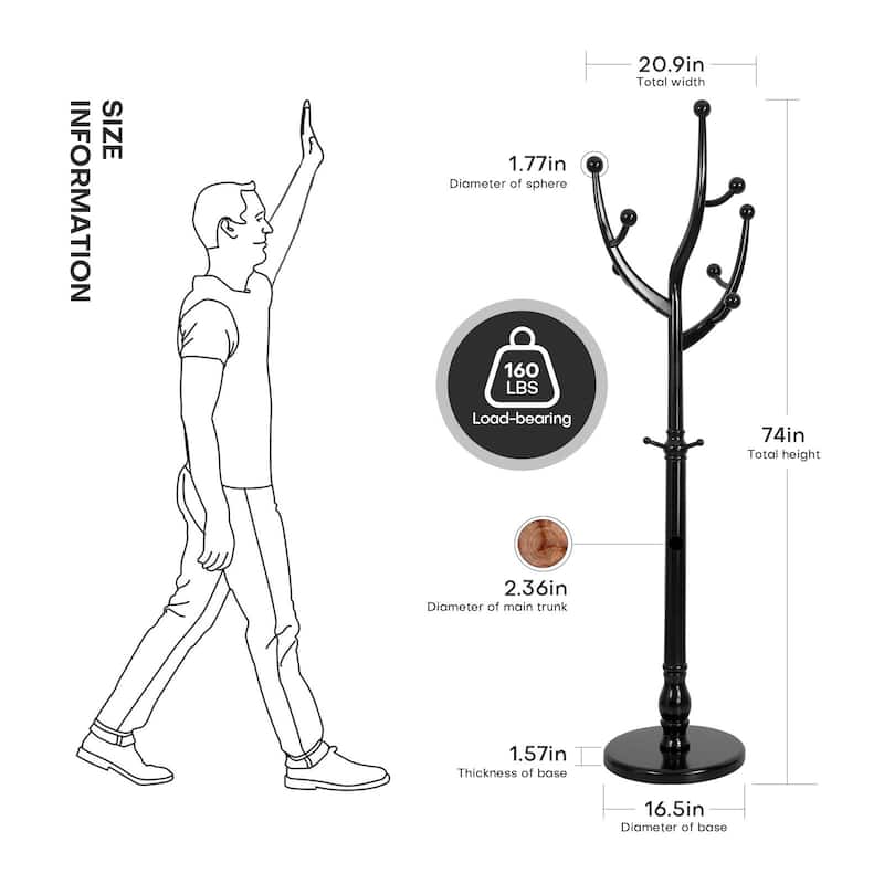 Rubberwood Coat Rack Freestanding, Entryway Coat Tree with Hooks - 74"H x 16.5"Dia