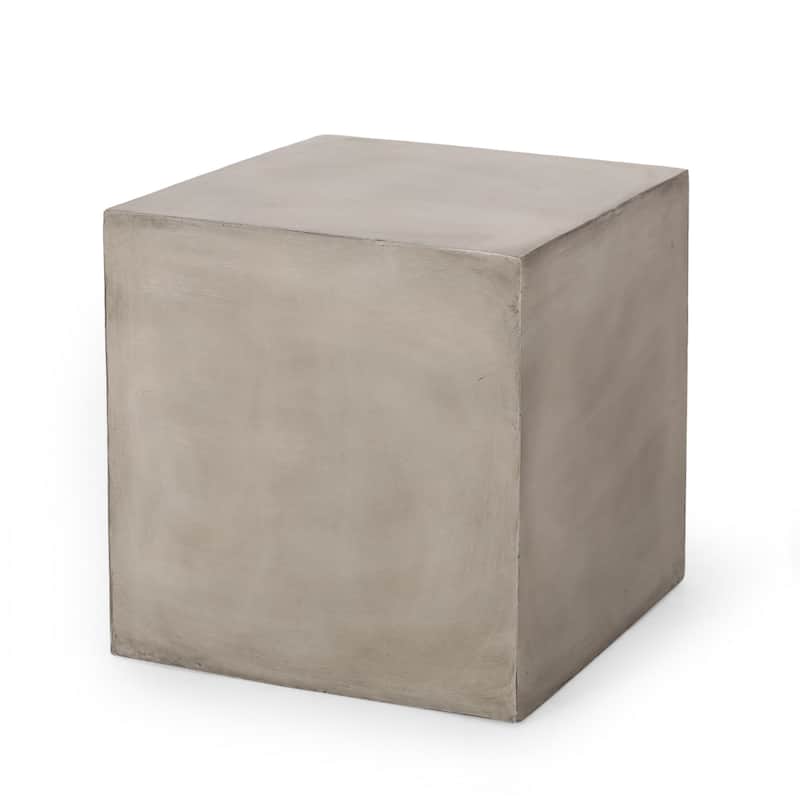 Ebec Outdoor Side Table, Modern Cube Light Gray Faux Concrete, 22 Inch