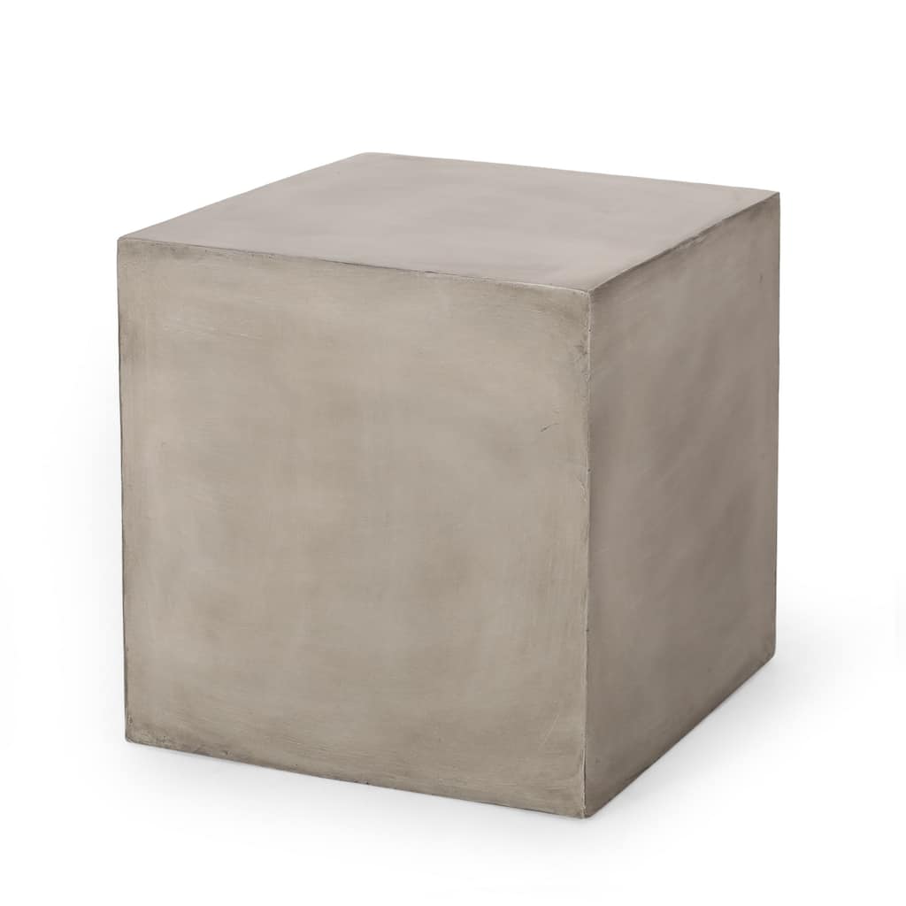 Ebec Outdoor Side Table, Modern Cube Light Gray Faux Concrete, 22 Inch