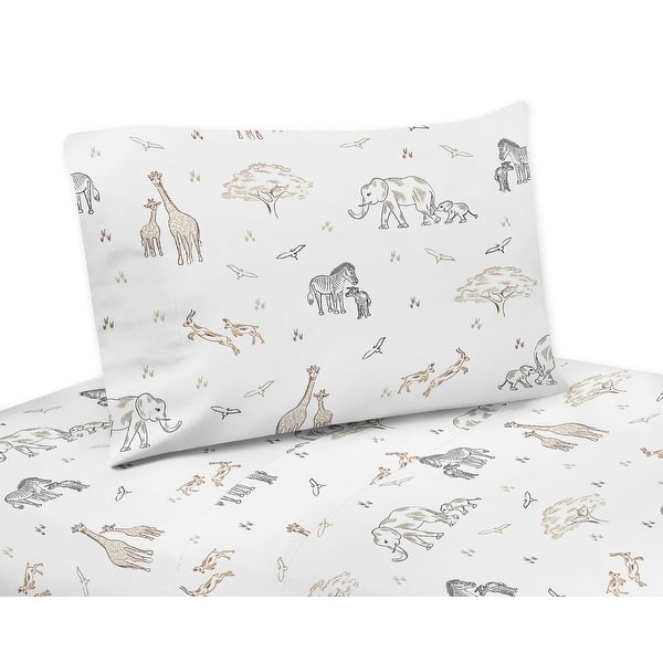slide 2 of 3, Jungle Safari Animals Twin Sheet Set Taupe Black and White Gender Neutral Elephant Giraffe Wildlife Adventure Zebra Serengeti
