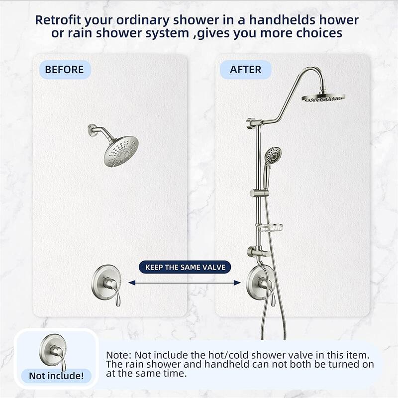 Wall Mount Exposed Pipe Shower System With Handheld Sprayer 8 Inch Rain Shower Faucet Kit Set Brushed Nickel NOT INCLUDED VALVE