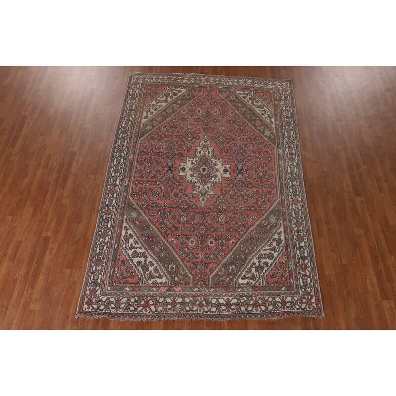 Geometric Pink Hamedan Persian Vintage Rug Hand-Knotted Wool Carpet - 6'7"x 9'7"
