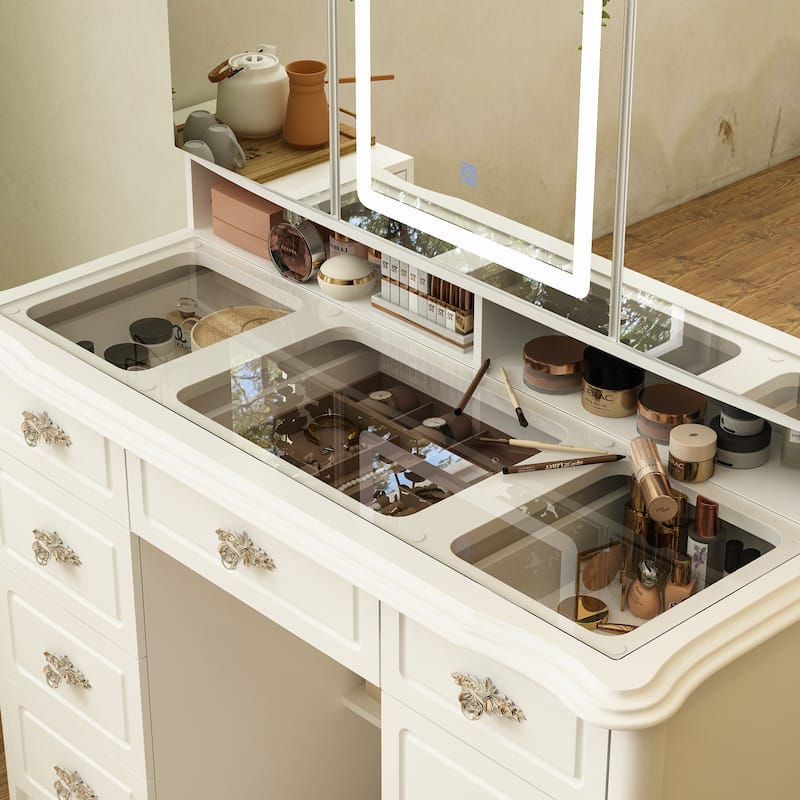 43.3"W Makeup Vanity White Vanity Desk with Hidden Storage Shelves