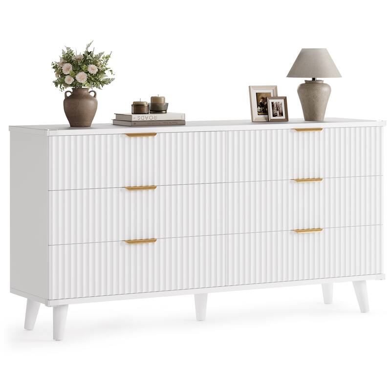 6 Drawer Dresser for Bedroom, 53" Wide Boho Fluted Dresser
