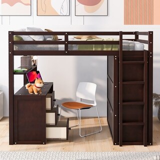 Versatility Full Size Wooden Loft Bed with 3 Storage Drawers, Safety Guardrail Bed with Desk and Wardrobe