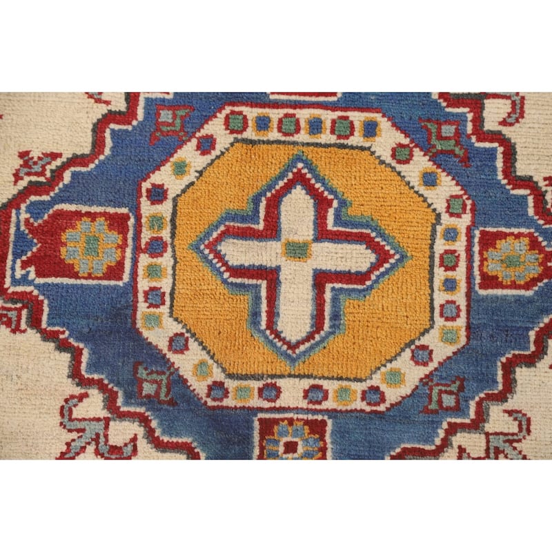 Beige Geometric Kazak Area Rug Hand-Knotted Wool Carpet - 4'2" x 5'9"