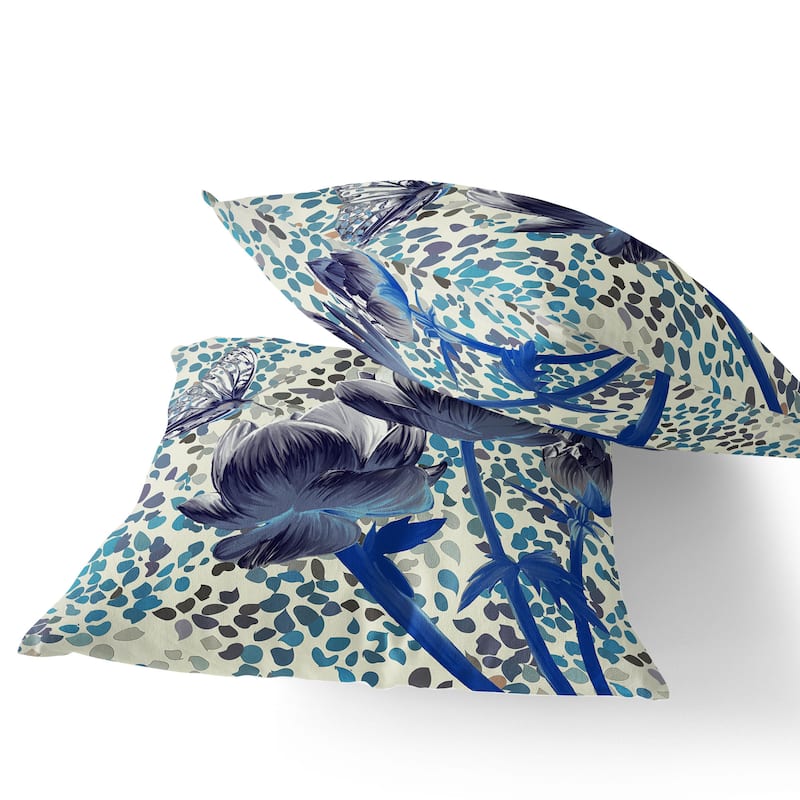 HomeRoots Set of Two 16" X 16" Blue and Gray Butterfly Blown Seam Floral Indoor Outdoor Throw Pillow - 16.00' X '16.00' X '5.00