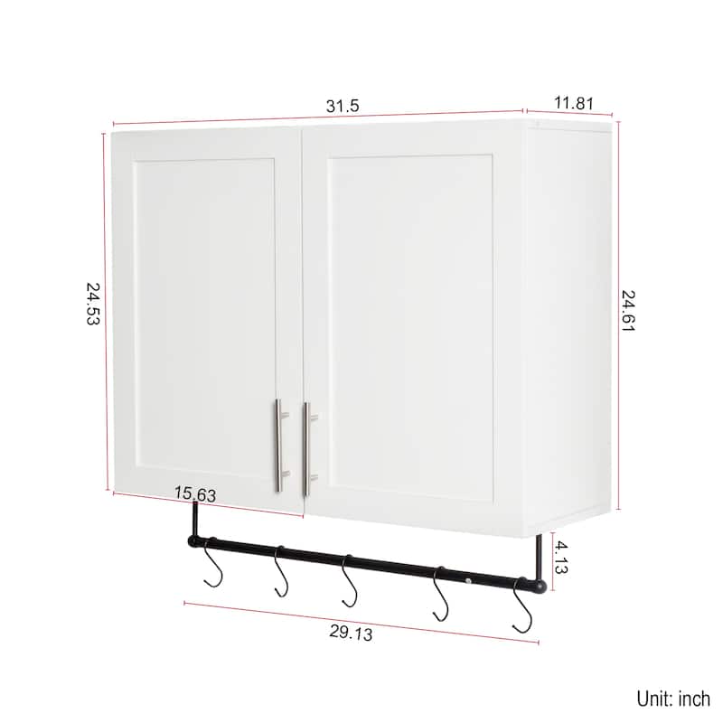 Bathroom Wall Cabinet with Adjustable Shelf, Towel Bar, 5 Hooks, Over The Toilet Storage Cabinet for Bathroom, Kitchen, White