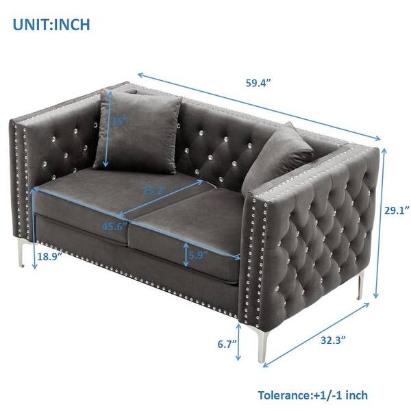 dimension image slide 0 of 2, 2 Piece Modern Velvet Living Room Set with Sofa & Loveseat Jeweled Button Tufted Copper Nails Square Arms 4 Pillows Included
