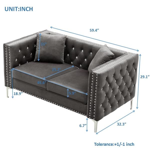 2 Piece Velvet Sofa Set Tufted Back Sofa and Loveseat with Jeweled ...