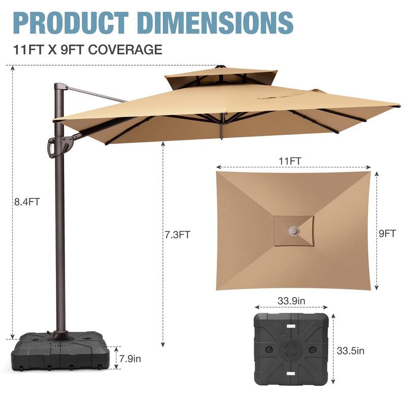 VredHom 9x11 FT Outdoor Patio Double Top Cantilever Umbrella with Wheel Base